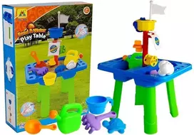 LEAN TOYS Smėlio ir vandens stalas su formelėmis, kastuvėliu, grėbliuku ir debesėlio formele – įvairiaspalvis