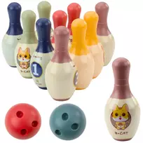 LEAN TOYS boulingo rinkinys su katėmis vaikams – 10 kėglių ir 2 spalvoti kamuoliai