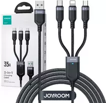 JOYROOM S-1T3018A18 3-in-1 krovimo laidas USB-A į USB-C/Micro-USB/Lightning, 30cm pintas nailonas, 3.5A, juodas