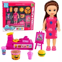 LEAN TOYS Mini lėlių rinkinys su kasos aparatu, pardavėja, mėsainiu, ledų aksesuarais