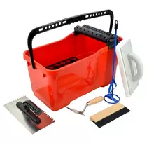 AWTOOLS Professional Tiling Set with Bucket – 5 dalių plytelių klojimo rinkinys (24 l kibiras, kempinė, dantyta mentele, kelių apsaugos, pirštinės)