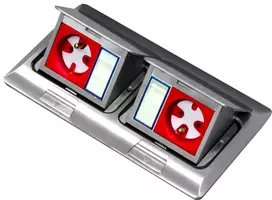 BACHMANN Mini Floor Box 2x3M – Dvigubas grindų ir stalviršio lizdų blokas 45x45 mm moduliams, pakreipiamas dangtis, pilka