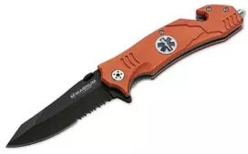 Boker Magnum EMS Rescue sulankstomas peilis, 440A plieno ašmenimis, aliuminio rankena, raudonas, stiklo daužtuvu ir diržo pjaustytuvu