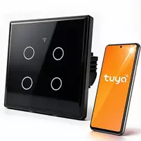 Qoltec Protingas 4 kanalų liečiamasis jungiklis šviesos išjungimui | Wi-Fi | Laikmatis | Tuya | Smart life | Grūdintas stiklas | Juodas