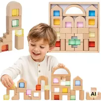 Viga Toys VIGA medinės konstruktoriaus kaladėlės su spalvotais langeliais 32 vnt.