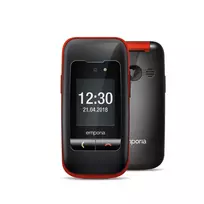 Emporia ONE V200i juoda/raudona (2025) – senjorams pritaikytas mobilusis telefonas su SOS mygtuku, įkrovimo stotele ir dideliais apšviestais klavišais