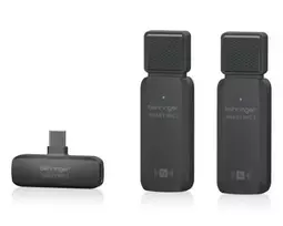 Behringer SMART MIC 2 belaidė išmaniojo telefono mikrofono sistema su Lightning, USB-C ir 3,5 mm jungtimis, 2,4 GHz skaitmeninė, įvairiakryptė kondensacinė, iki 100 m atstumas, 7 h baterija, įskaitant lavalier įvestį, vėjo gaubtą ir nešiojimo dėklą