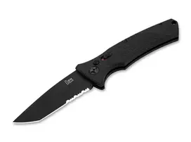 Heckler & Koch FD01 automatinis Tanto D2 lenkiamas peilis, juoda aliuminio rankena, D2 plieno ašmenys, mygtuko fiksatorius, 85 mm ašmenys