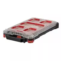 Milwaukee PACKOUT Slim Organizer Medium 8277387 - IP65 atsparus vandeniui ir dulkėms, 10 išimamų dėtuvių, skaidrus polikarbonato dangtis, metaliniai sustiprinti užraktai, raudonas/juodas
