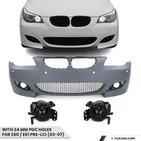 M look Priekinis Bamperis skirtas BMW E60 / E61 PRE-LCI (03-07) su 24 mm PDC angomis, su tamsintais priešrūkiniais