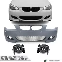 M look Priekinis Bamperis skirtas BMW E60 / E61 PRE-LCI (03-07) su 24 mm PDC angomis, su skaidriais priešrūkiniais