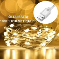 USB LED girlianda, 100 LED, 10 m, šiltai balta