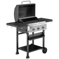 Dujinis grilis 9 kW, 3 degikliai, BBQ grilio vežimėlis, nerūdijantis plienas, įsk. sulankstomas šoninis staliukas, prieskonių laikiklis, apatinė lentyna, 6 kabliukai
