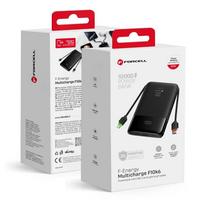FORCELL F-ENERGY F10K6 Multicharge išorinė baterija su integruotais USB-C ir Lightning laidais, PD, QC3.0, 3 A, 22,5 W, 10000 mAh, juoda