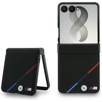 Juodas dėklas „BMW M Leather Perforated Tricolor Stripe Metal Logos“ su „MagSafe“, skirtas „Samsung Galaxy Z Flip8“