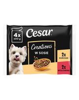CESAR Creations Vištiena su žirniais ir Jautiena su morkomis padaže 4×100 g drėgnas maistas suaugusiems šunims