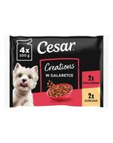 CESAR Creations Vištiena su žirniais ir Jautiena su morkomis želė 4×100 g drėgnas maistas suaugusiems šunims