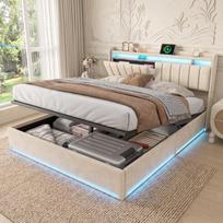 Lova 140x190cm, galvūgaliu su LED ir USB, lova su daiktadėže, apmušta lova su grotelių pagrindu, aksominė, smėlio spalvos