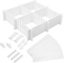 Reguliuojamos stalčių pertvaros spintos organizatorius 34 vnt. 47x5 cm baltos — stalčių įdėklas, virtuvės organizavimas, apatinio trikotažo skyrikliai, kosmetikos dėžutės, spintos aksesuarai, stalčių pertvaros, stalčių tvarka