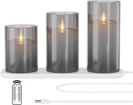 LED dekoracinės žvakės su nuotolinio valdymo pulteliu, įkraunamos, 3 vienetų rinkinys, pilkos — akumuliatorinės žvakės, nuotaikos apšvietimas, stiklinės žvakidės, svetainės dekoras, žvakės su laikmačiu, saugios žvakės