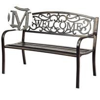 Metalinis sodo suoliukas su užrašu WELCOME