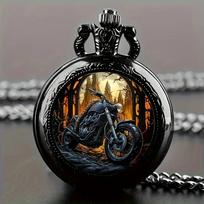 Vintage Black Motorcycle Quartz Pocket Watch, Necklace Pendant With World Time Feature,  Ideal Gift For Men & Women and Kids gray
