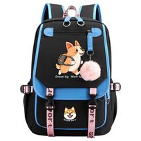 Kawaii Corgi Family Print Backpack for Girls Boys Back To School Bag with Pom-pom Teen Student Casual Daypack 46CMX29CMX16CM black