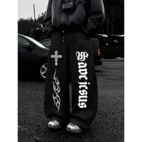 Wide Leg Sweatpants with Double Sided Cross Flame and Vertical Font Printed Casual Pants Suitable for Men's Weekend Motorcycle Gatherings S juoda
