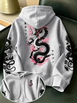 Japanese dragon cherry blossom kanji Tokyo print men's hoodie with loose pockets, fleece, street style, versatile autumn and winter pullover. S balta