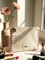 CHLOE Linen Cosmetic Makeup Bag, Red Stitching Zipper Pouch, Portable Travel Storage Purse, Small Canvas Toiletry Bag for Women 1PC gray