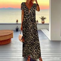 Women Plus Size Short Sleeve V Neck Maxi Dress Dark Olive Leopard Print Loose Casual Summer Beach Long Dress XS black