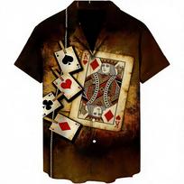 Vintage Poker Card Print Short Sleeve Button Up Shirt, Stylish Casual Top S beige