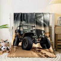 A rugged jeep stands in sand dunes under dramatic swirling clouds. for all seasons blanket lunch break throw gift 80cm x 120cm