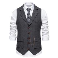 Vintage British Style Herringbone Coarse Tweed Lapel Chain Vest Mens Pockets Casual Gentleman Waistcoat for Wedding Party Leisure Daily Wear XS tamsiai pilka spalva