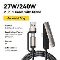 Essager 2-in-1 Elbow 240W USB C Cable with Phone Stand for iPhone 17/16 pro Max iPad MacBook Xiaomi Samsung - Type C Charging Cable 1m 240W pilka