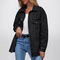 Women's Oversized Denim Jacket Button Down Boyfriend Jean Jacket with Chest Pockets L juoda