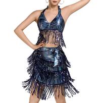 Women's Belly Dance Outfits Latin Dance Costume Sequins Fringe Skirt and Halter Bra Crop Top for Rave Cabaret Party beige