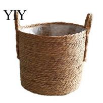 Indoor Outdoor Flower Baskets Woven Seagrass Plant Pot with Handle, Built-in Plastic Film Lining Handmade Rattan Organizers Storage Basket, XS
