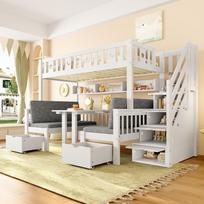 Multifunctional Loft Bed, 90x200cm, 2-in-1 Bed and Desk, Storage Ladder, Decorative Fence with Stars and Moon, White 252.5 x 125 x 149.5 cm balta