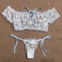 Saldūs seksualūs margumynai su gėlėmis nuo pečių, 2 vnt. komplektai, puikiai matomi „Babydoll“ apatinio trikotažo moterims, suvarstomi tinkliniai viršūnės + „G-String“ kelnaitės miegui S dangaus mėlyna spalva
