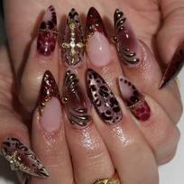 Safe Press on Nail French Design Wine Red Nudes Pink Metal Leopard Print Crosses Desige Comfortable for Sensitive Skin 1 brown