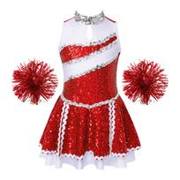 Blizganti mergaičių suknelė be rankovių šokiams ir cheerleadingui, dekoruota blizgučiais, su 2 vnt. rankų gėlėmis 5-6 Years raudona