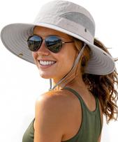 Wide Brim Sun Hat with Ponytail Hole for Women, UPF 80+ Protection, Foldable Bucket Hat for Beach Hiking United States gray