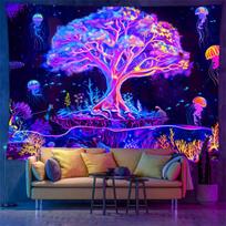 Juodos Šviesos Sieninė Danga Fluorescencinė UV Reakcija Sienos Kabinys Psichodelinis Gyvybės Medis Ir Astronautas Medūza Kambarys Namų Dekoras 100X150CM blue