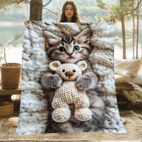 Cute Kitten Holding Knitted Teddy Bear On White Knit Background Fleece Blanket Adorable Pet Theme Soft Flannel Throw For Kids Size: 75*100cm, Weight: 230 GSM