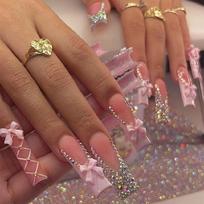 24Pieces Long Square Press On Nail Elegant French Tip False Nail with 3D Bows and Rhinestones Charm for Casual or Party 1 brown