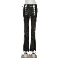 Punk Style Bandage Tiesios kelnės Juodos PU odos Slim Fit High Waist Pieštuko kelnės Harajuku Vintage Moterys L juoda