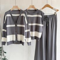 Cross-border European station wide-leg pants sports stripe set, women's autumn and winter fashionable loose casual European three-piece set One size fits all pilka spalva