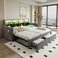 Ištraukiama minkšta sofa-lova 90/180 x 190 cm, galvūgalis su daiktadėže, LED juosta, įkrovimo lizdai, du stalčiai, grotelinis rėmas, tamsiai pilkas veliūras 204 x 104 x 96 cm pilka