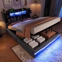 Upholstered Bed, 140x200cm, with USB C Socket, Ambient Lighting Strip, Headboard, Hydraulic Storage Bed, without Mattress, with LED Light, Grey 218 x 145 x 110 cm pilka